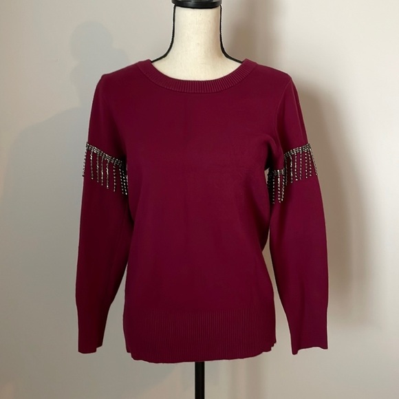 AlFANI Sweater SZ S Soft Scoop Neck Maroon in Color Jewel Accents on Arms - Picture 3 of 13